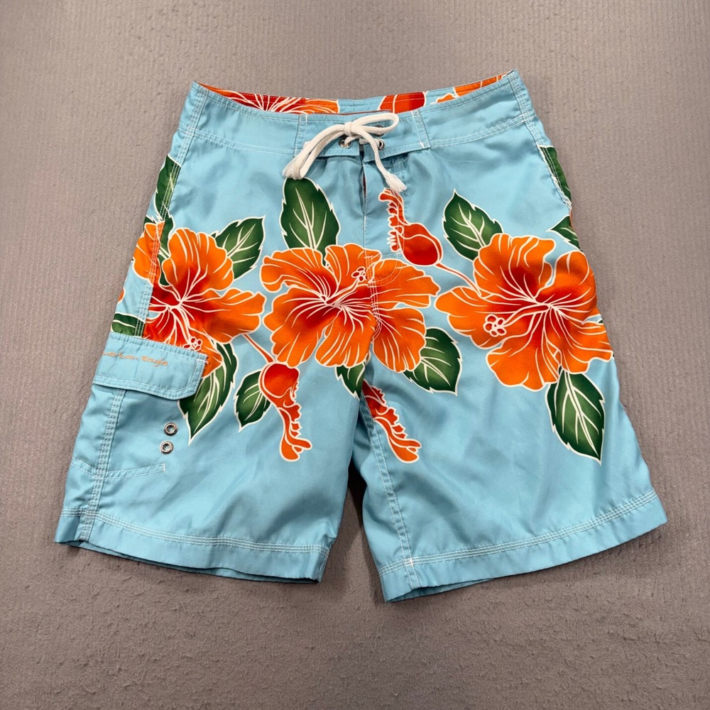 American‎ Eagle Board Shorts Mens 30 Blue Tropical Hibiscus Floral Swim Trunks